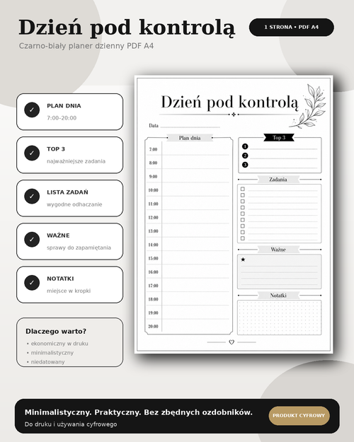 Dzień pod Kontrolą – Czarno-Biały Planer PDF A4