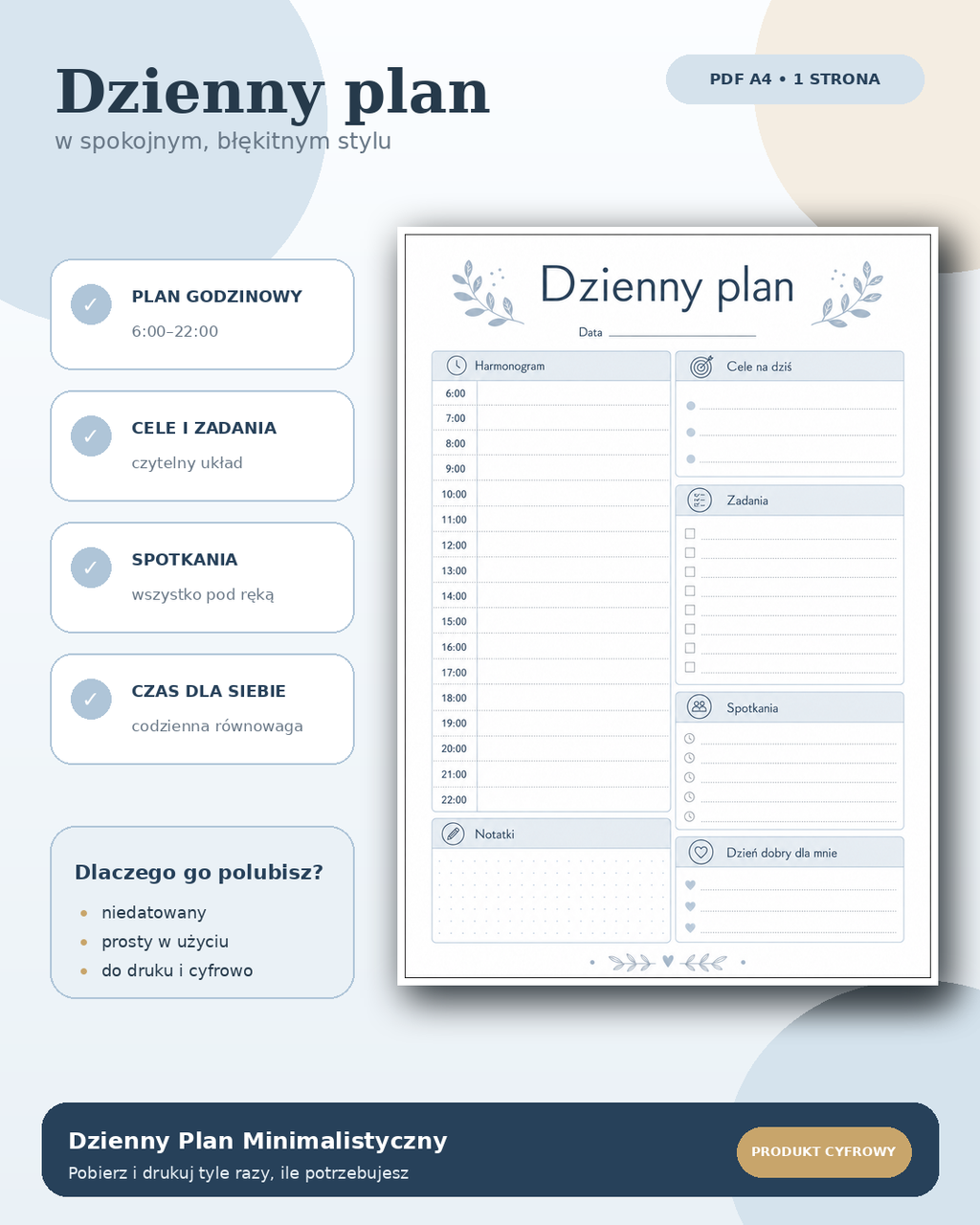 Dzienny Plan Minimalistyczny PDF A4 – błękitny