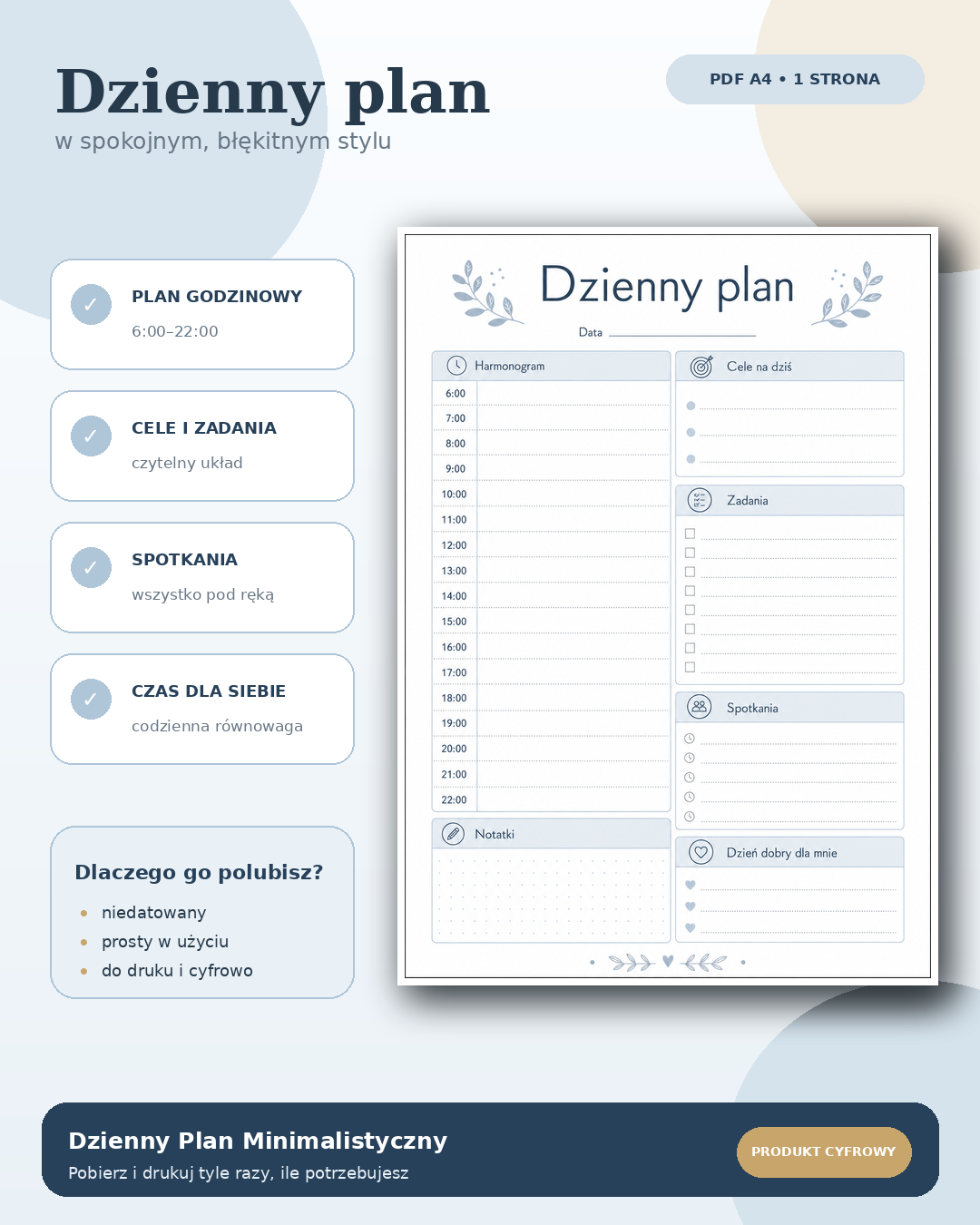 Dzienny Plan Minimalistyczny PDF A4 – błękitny