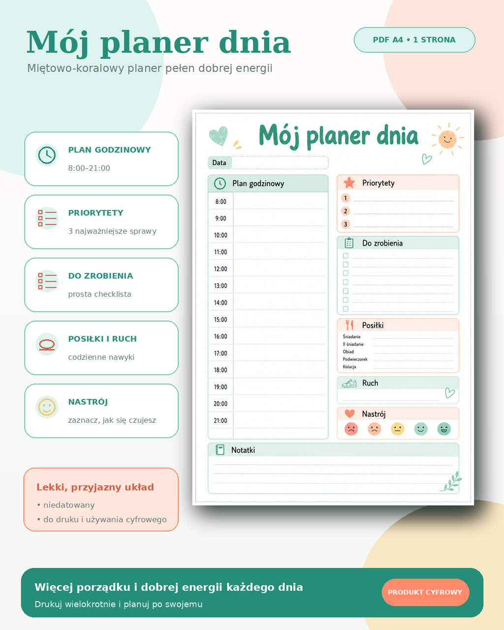 Mój Planer Dnia PDF A4 – miętowo-koralowy