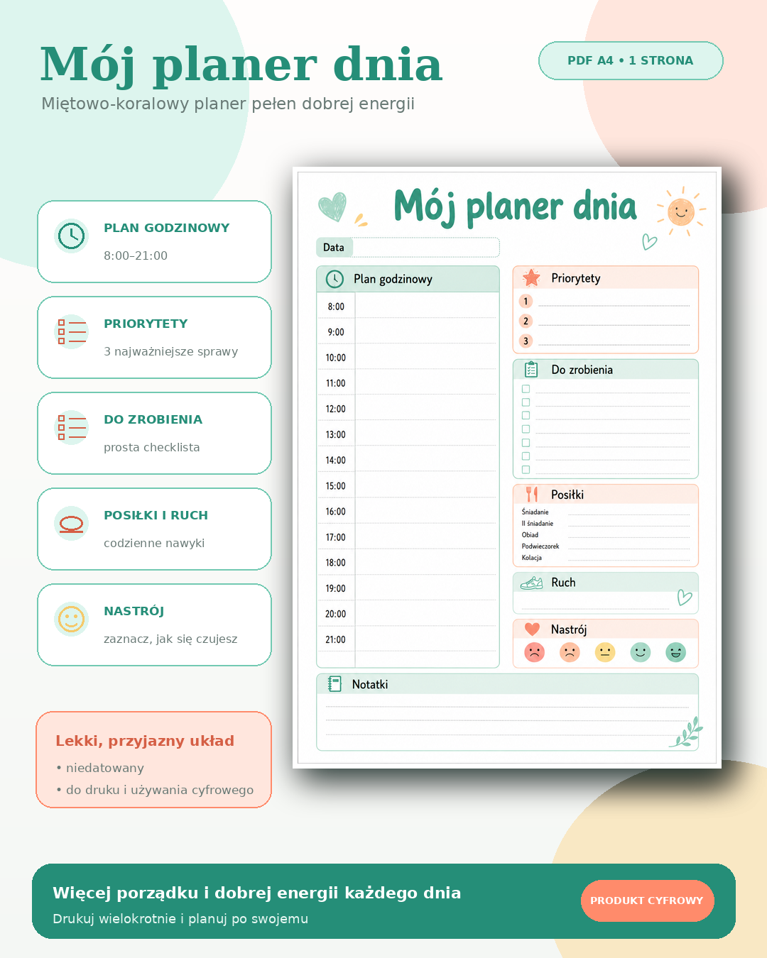 Mój Planer Dnia PDF A4 – miętowo-koralowy