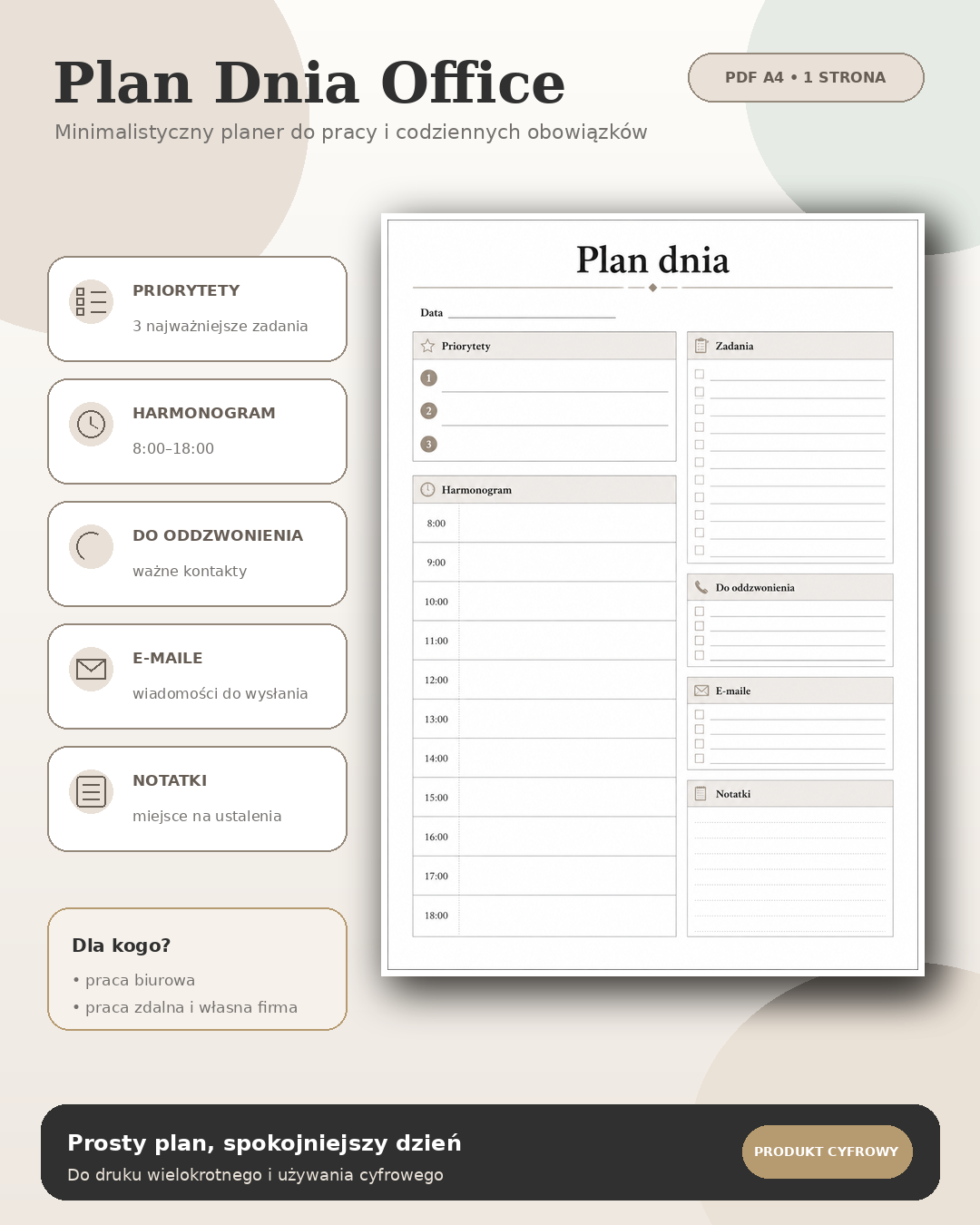 Plan Dnia Office PDF A4 – beżowy minimalistyczny