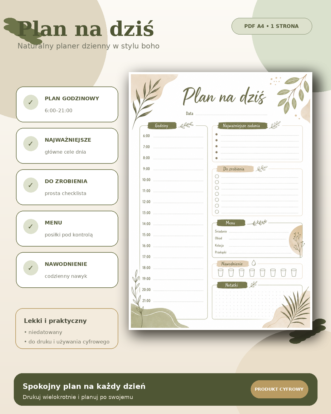 Plan na Dziś PDF A4 – naturalny styl boho
