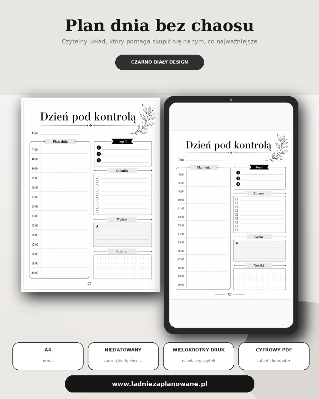 Dzień pod Kontrolą – Czarno-Biały Planer PDF A4