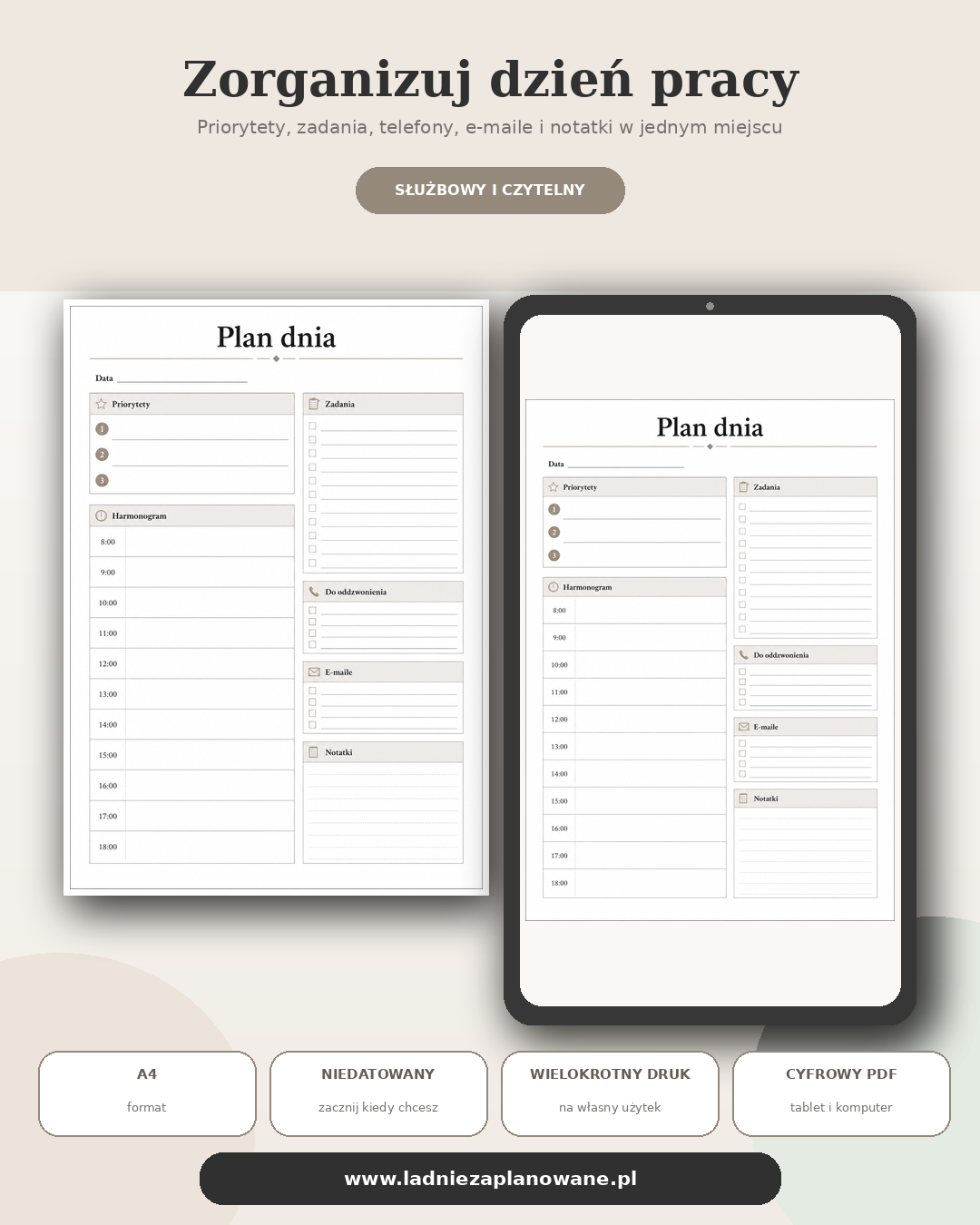 Plan Dnia Office PDF A4 – beżowy minimalistyczny
