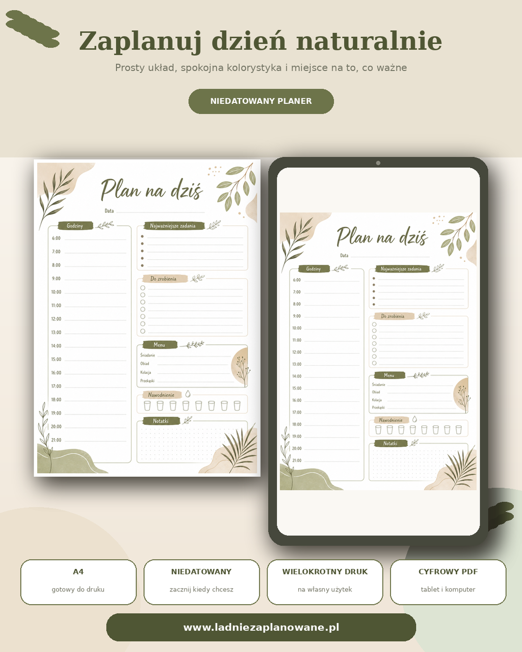 Plan na Dziś PDF A4 – naturalny styl boho