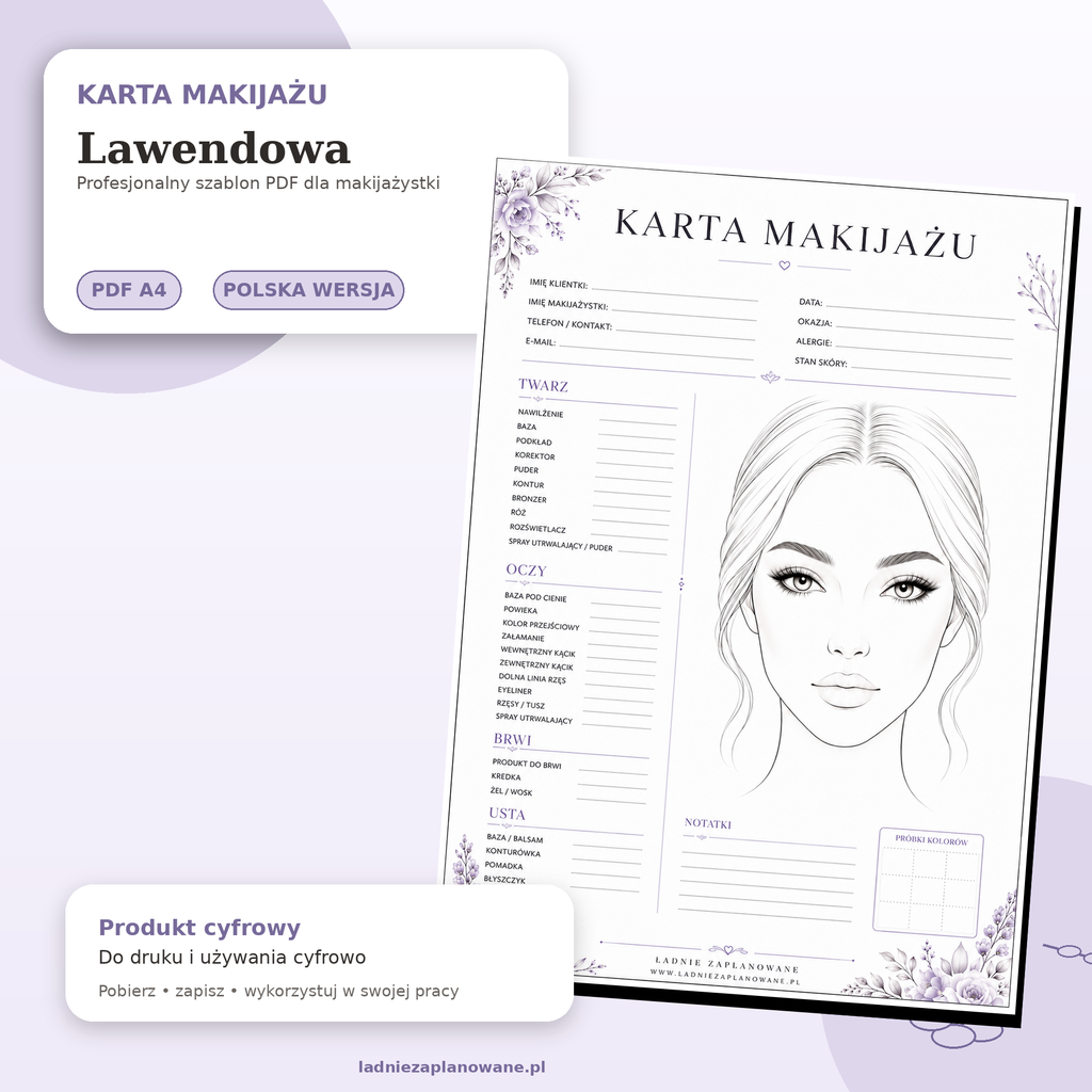 Karta Makijażu Lawendowa – PDF A4 do druku