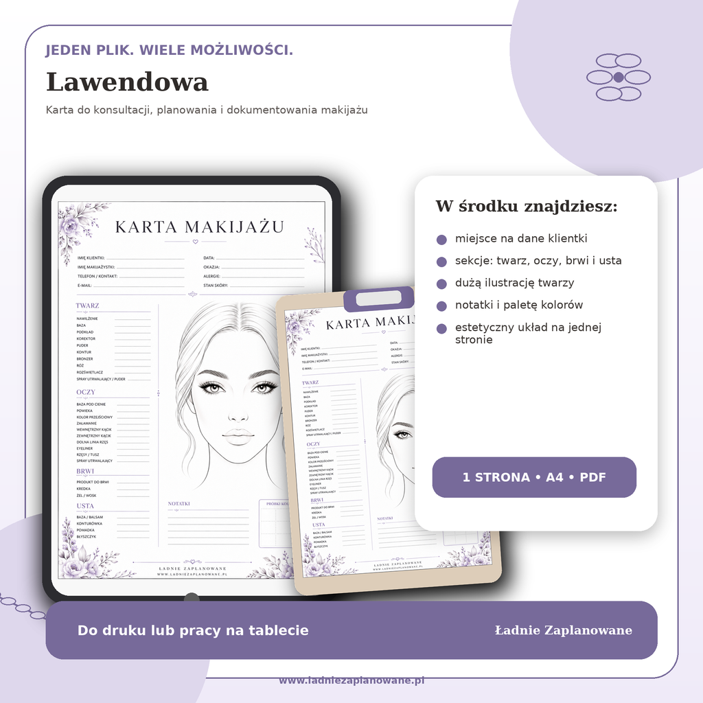 Karta Makijażu Lawendowa – PDF A4 do druku