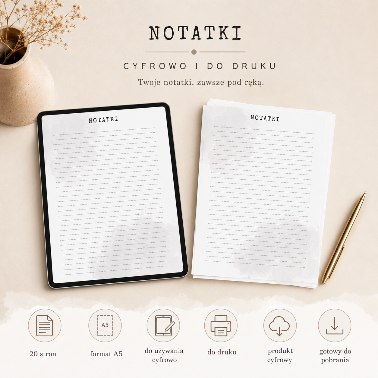 Minimalistyczny Notes Classic PDF - do używania cyfrowo i do druku