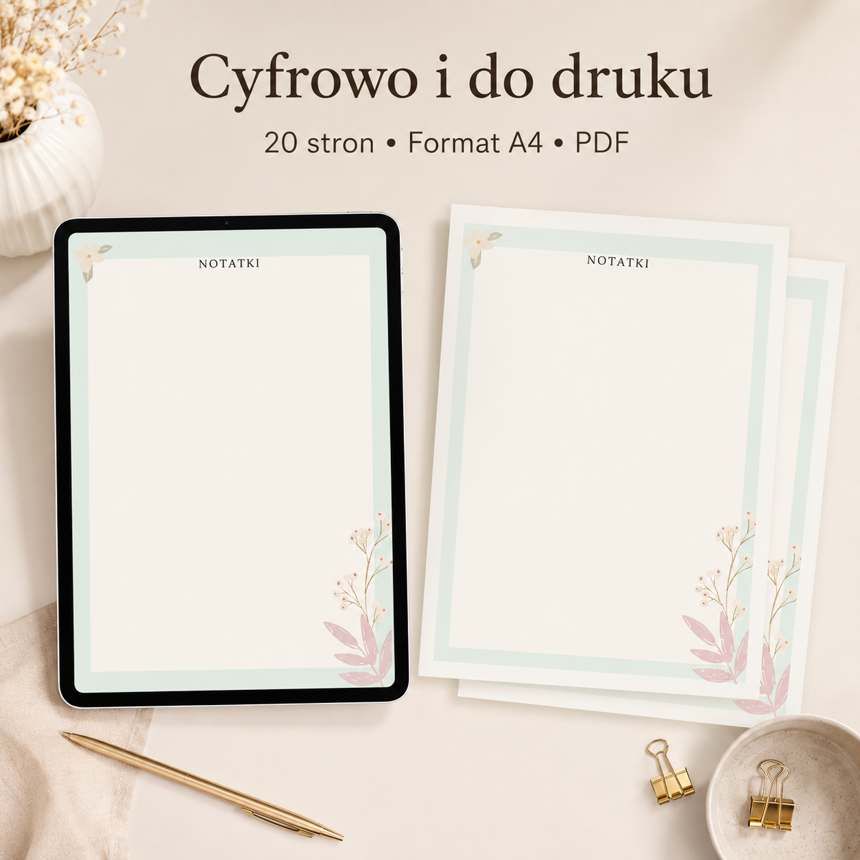 Notatnik Pastelowe kwiaty minimal PDF A4 – do używania cyfrowo i do druku