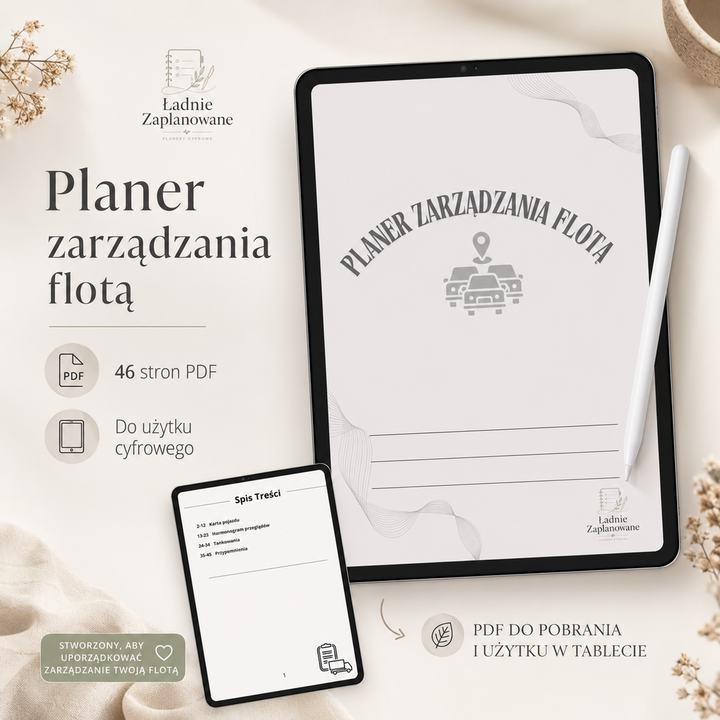 Planer zarządzania flotą pojazdów PDF A4 – 46 stron do używania cyfrowo i do druku