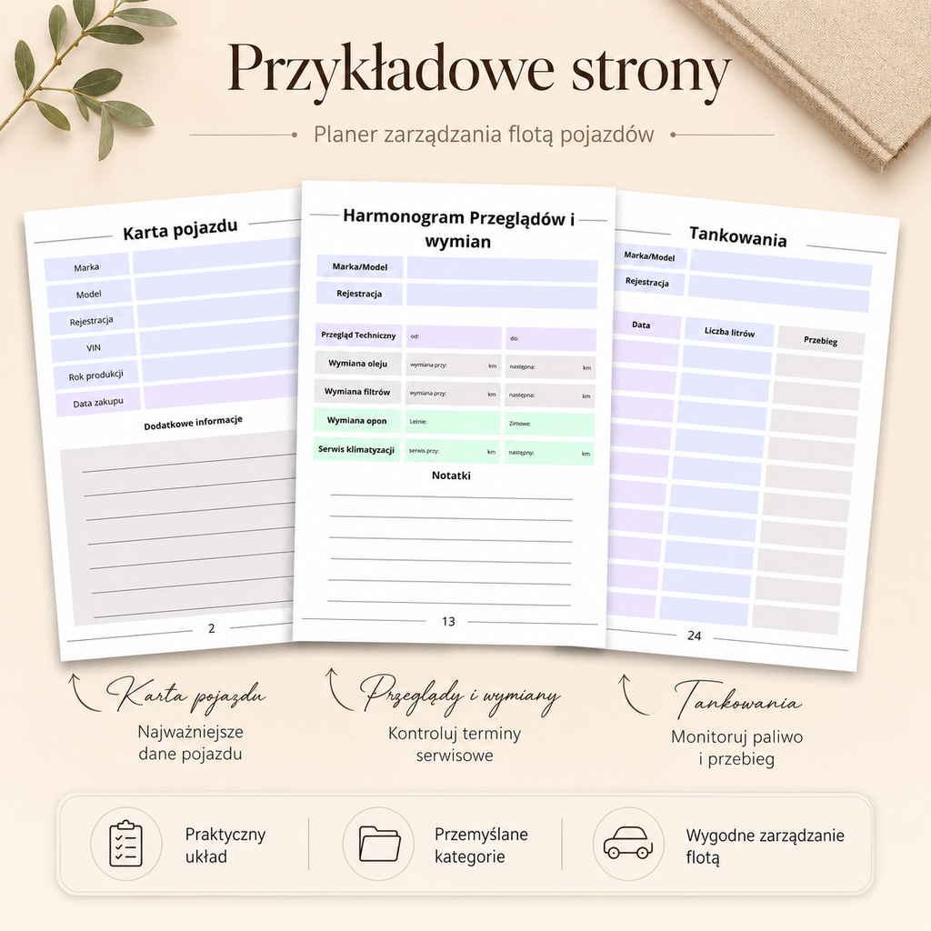 Planer zarządzania flotą pojazdów PDF A4 – 46 stron do używania cyfrowo i do druku