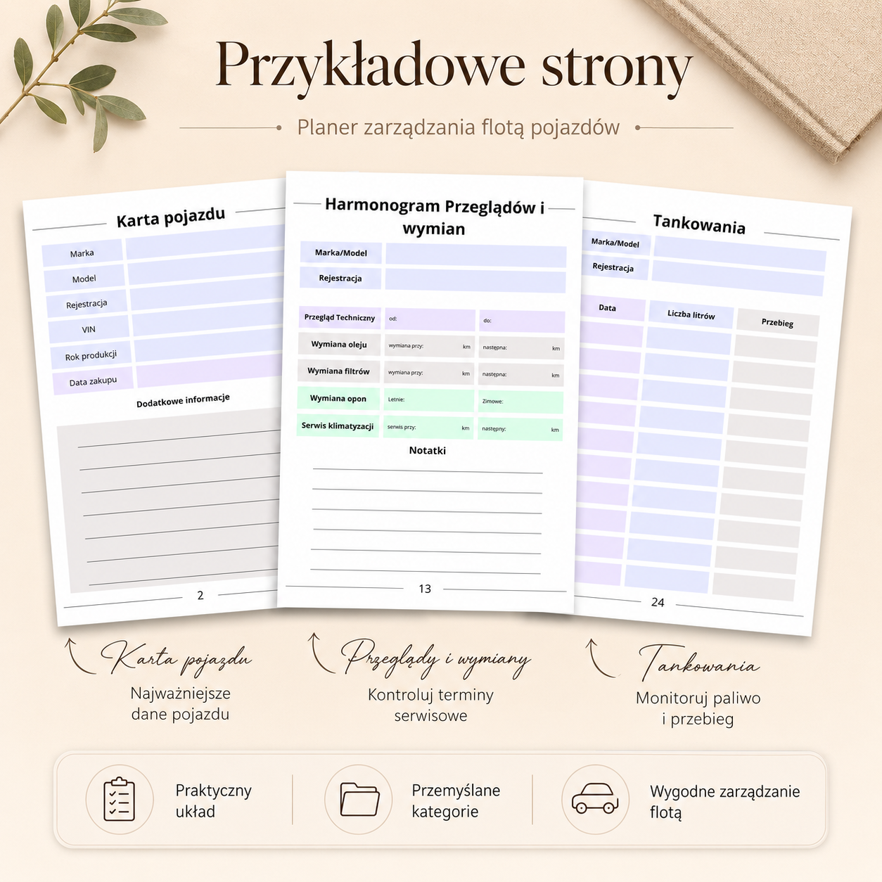 Planer zarządzania flotą pojazdów PDF A4 – 46 stron do używania cyfrowo i do druku