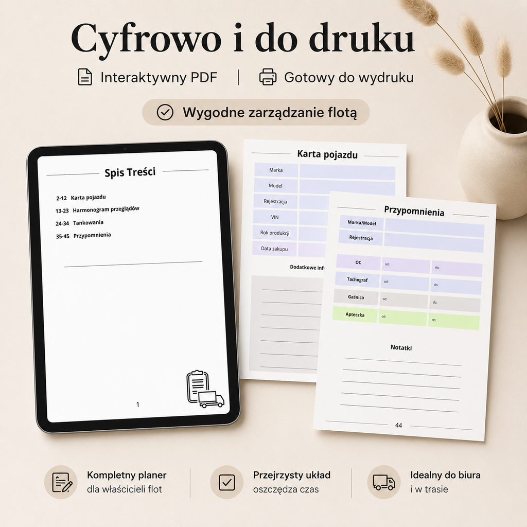Planer zarządzania flotą pojazdów PDF A4 – 46 stron do używania cyfrowo i do druku