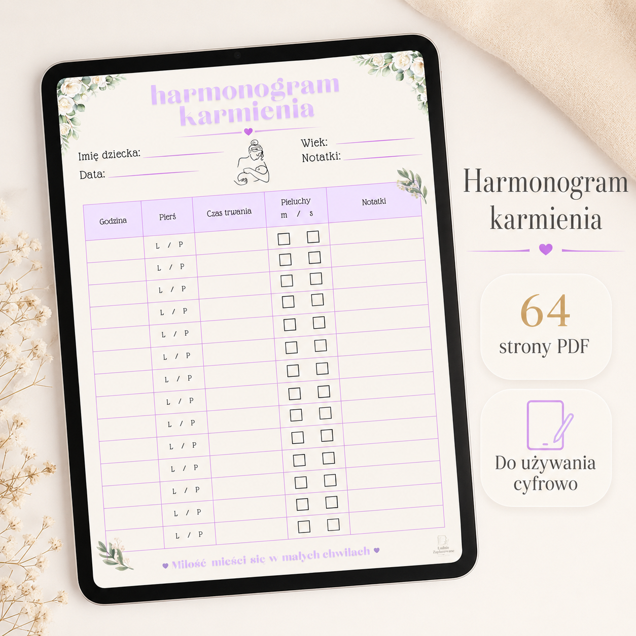 Harmonogram karmienia soft PDF A4 – 64 strony do używania cyfrowo i do druku
