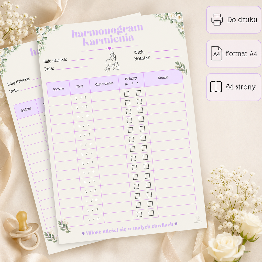 Harmonogram karmienia soft PDF A4 – 64 strony do używania cyfrowo i do druku