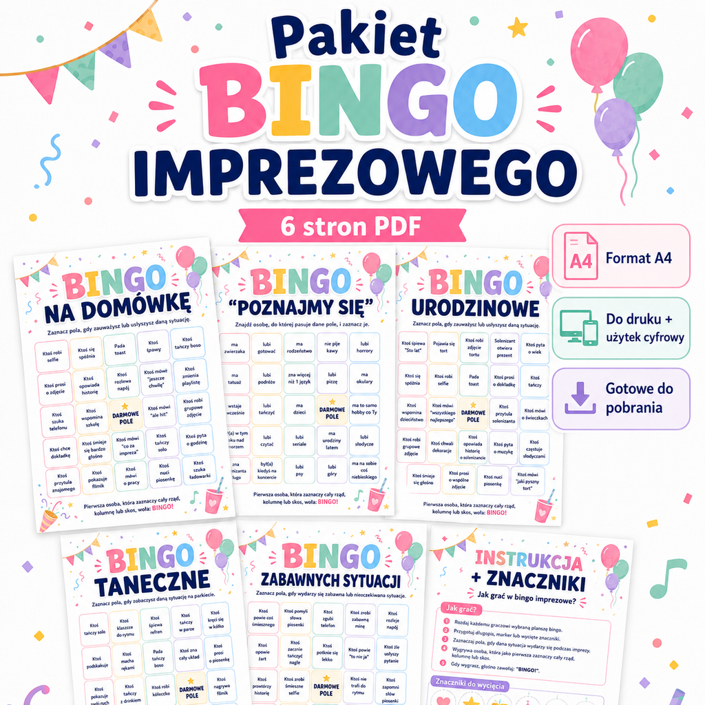 Pakiet Imprezowe Bingo- PDF do druku i użytku cyfrowego