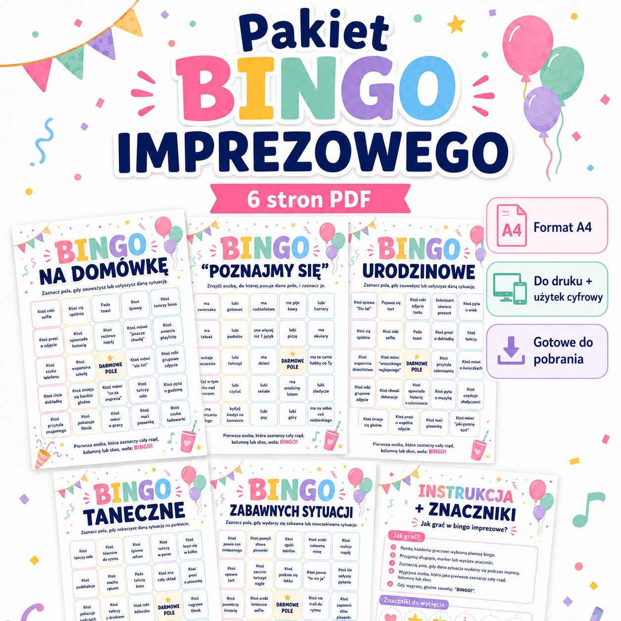 Pakiet Imprezowe Bingo- PDF do druku i użytku cyfrowego