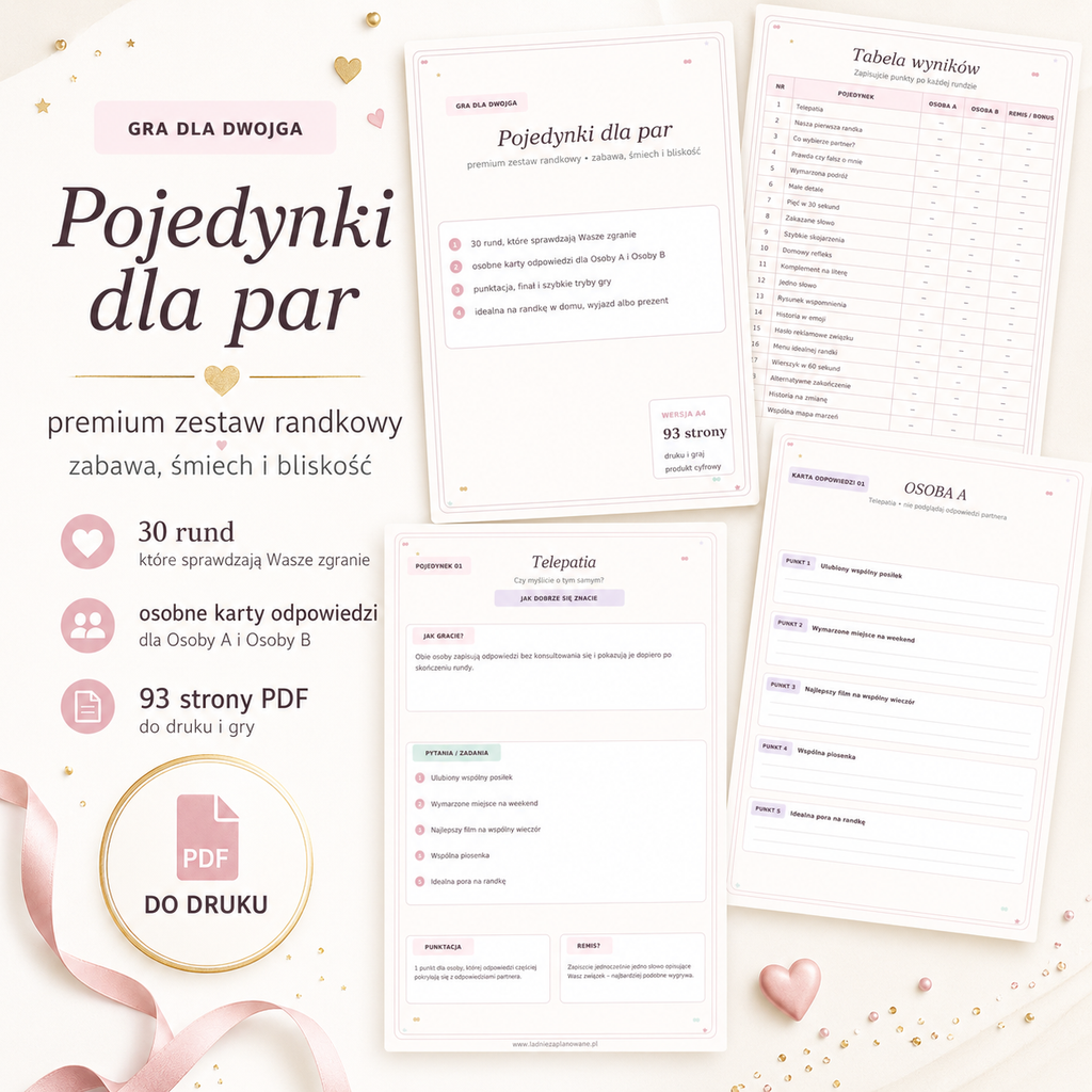 Pojedynki dla par – premium gra dla dwojga PDF do druku | 30 rund i 93 strony