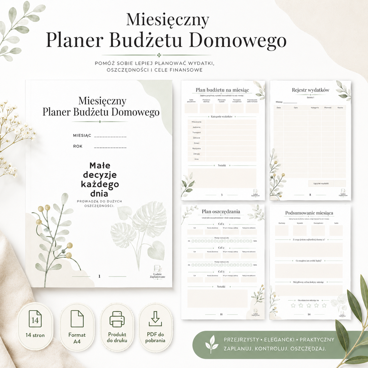 Miesięczny Planer Budżetu Domowego - A4 PDF do druku 14 stron