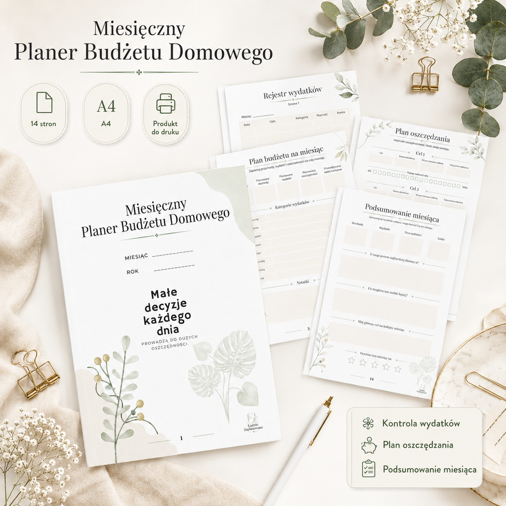Miesięczny Planer Budżetu Domowego - A4 PDF do druku 14 stron