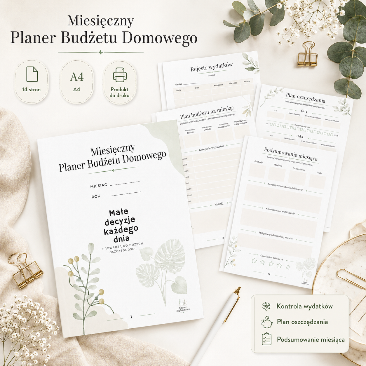 Miesięczny Planer Budżetu Domowego - A4 PDF do druku 14 stron
