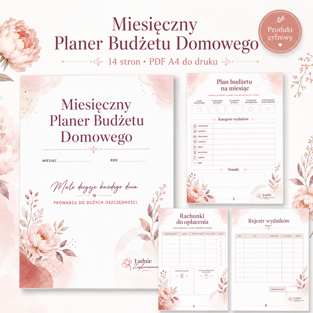Miesięczny Planer Budżetu Domowego Kwiatowy - PDF A4 do druku 14 stron