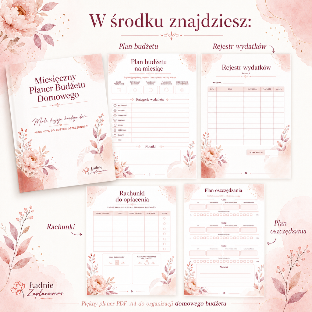 Miesięczny Planer Budżetu Domowego Kwiatowy - PDF A4 do druku 14 stron
