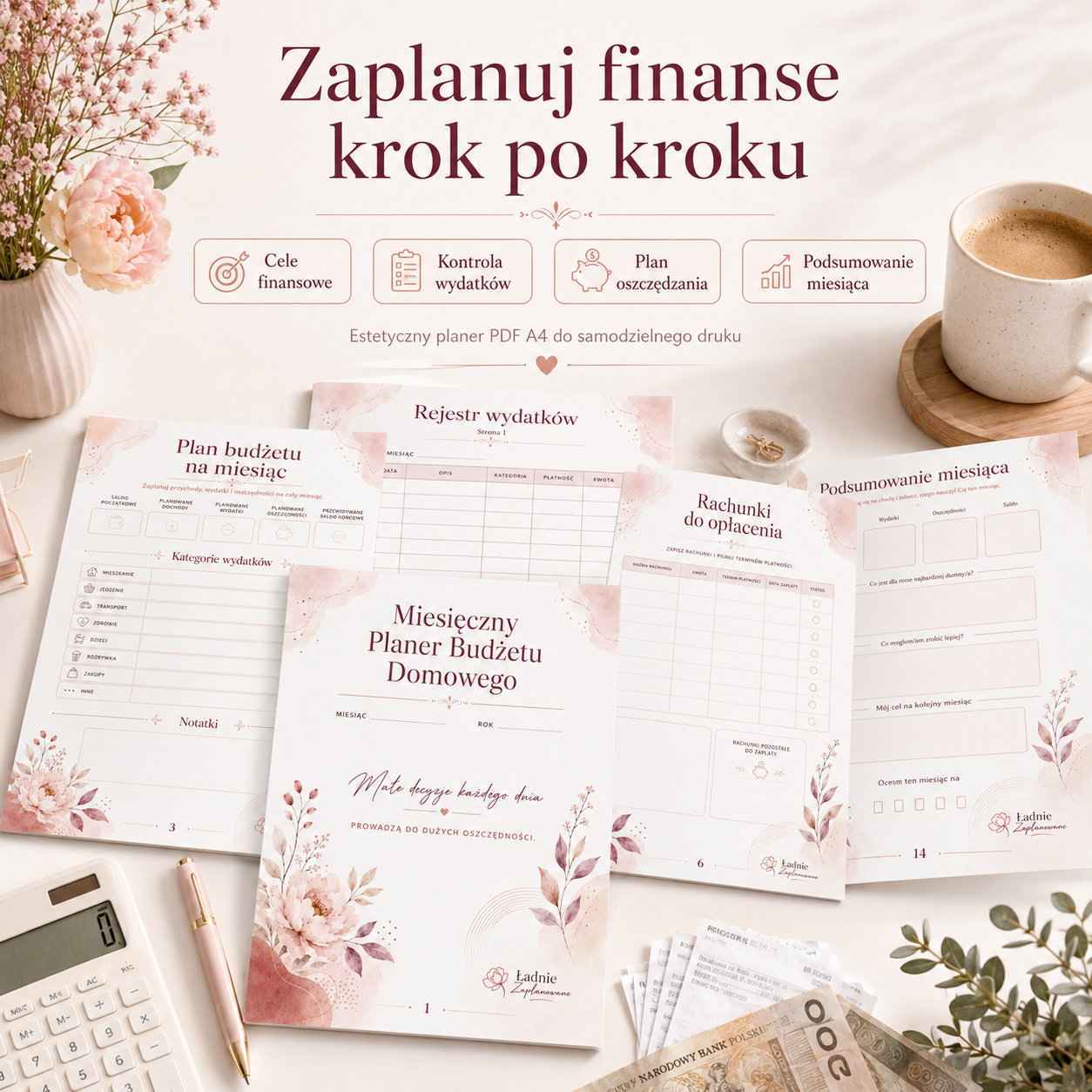 Miesięczny Planer Budżetu Domowego Kwiatowy - PDF A4 do druku 14 stron