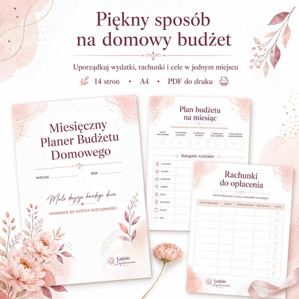 Miesięczny Planer Budżetu Domowego Kwiatowy - PDF A4 do druku 14 stron