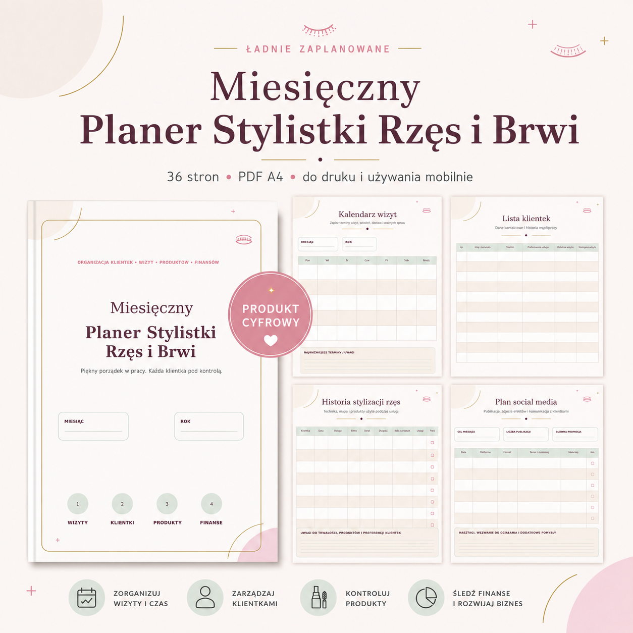 Miesięczny Planer Stylistki Rzęs i Brwi - PDF A4 do druku i używania mobilnie