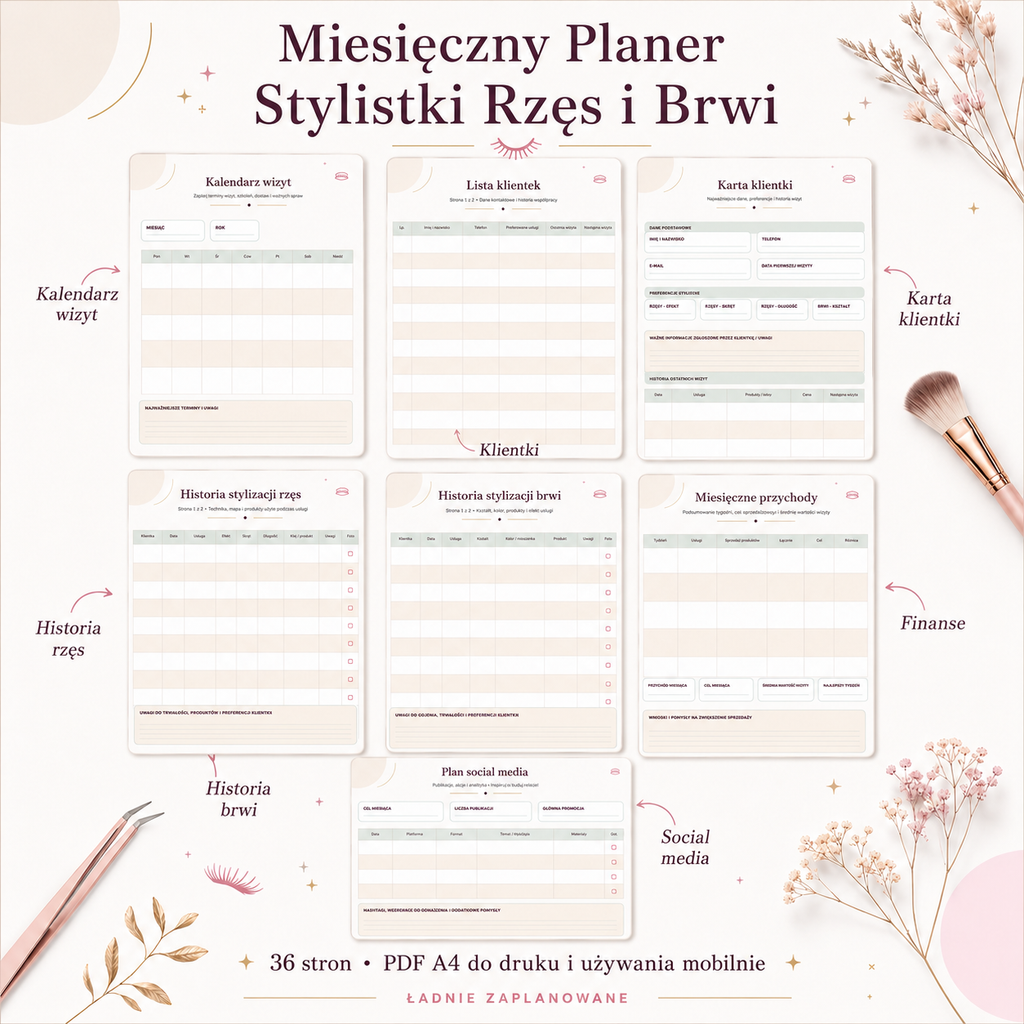 Miesięczny Planer Stylistki Rzęs i Brwi - PDF A4 do druku i używania mobilnie