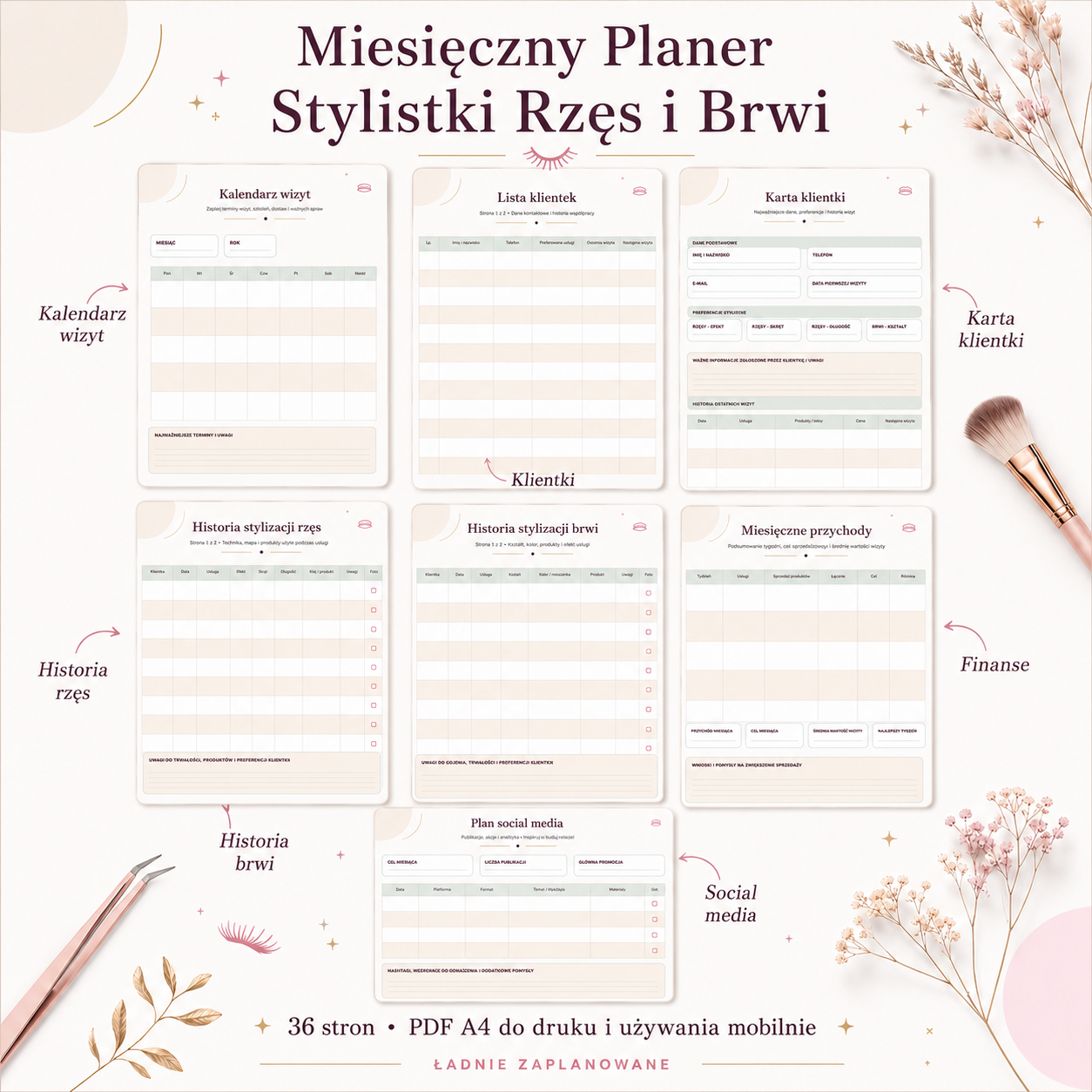 Miesięczny Planer Stylistki Rzęs i Brwi - PDF A4 do druku i używania mobilnie