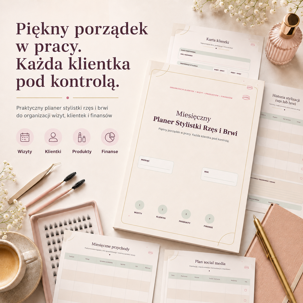 Miesięczny Planer Stylistki Rzęs i Brwi - PDF A4 do druku i używania mobilnie