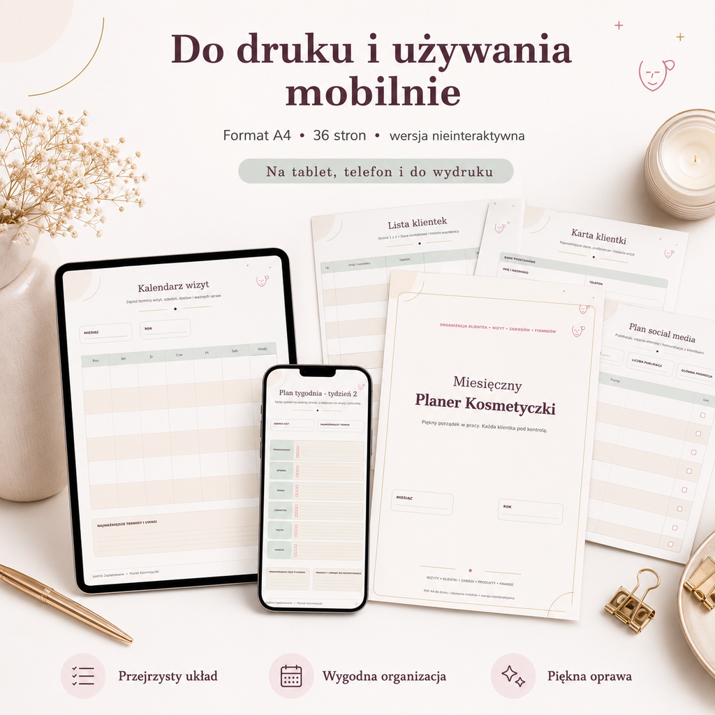 Miesięczny Planer Kosmetyczki - PDF A4 do druku i używania mobilnie