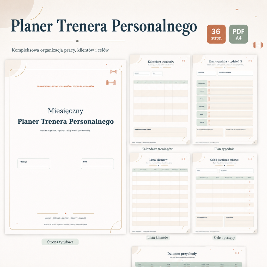 Miesięczny Planer Trenera Personalnego - PDF A4 do druku i używania mobilnego