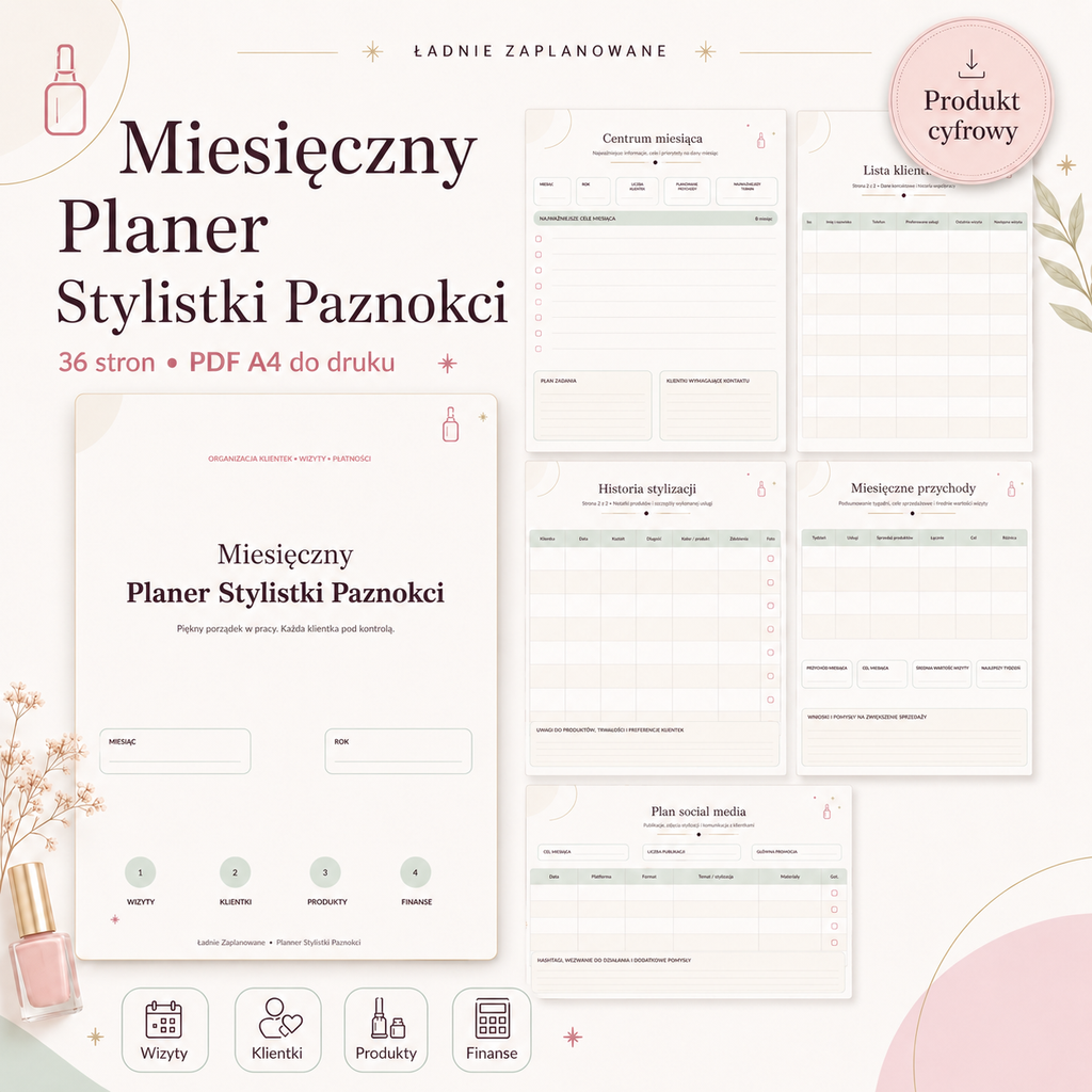Miesięczny Planer Stylistki Paznokci - PDF A4 do druku i używania mobilnie