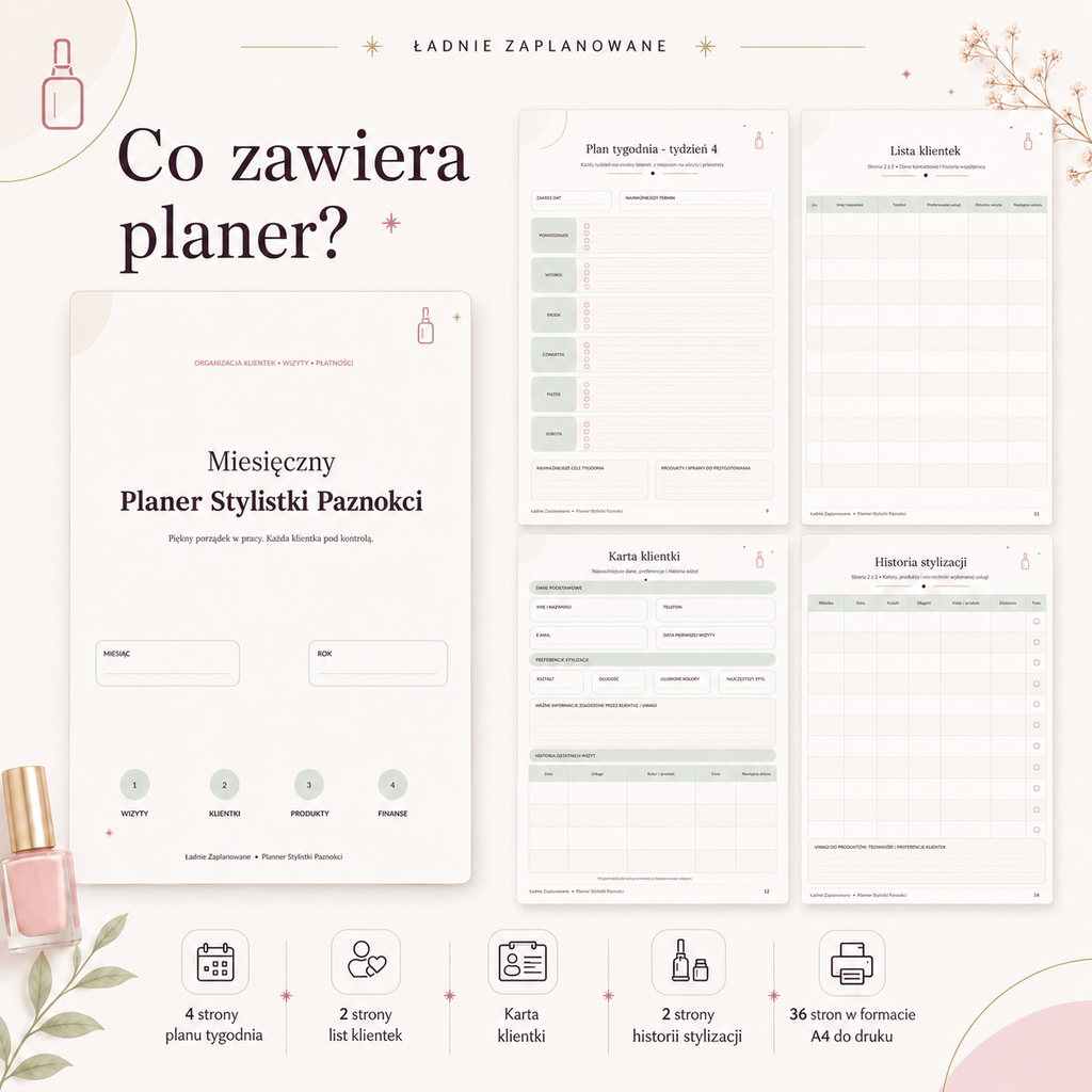 Miesięczny Planer Stylistki Paznokci - PDF A4 do druku i używania mobilnie