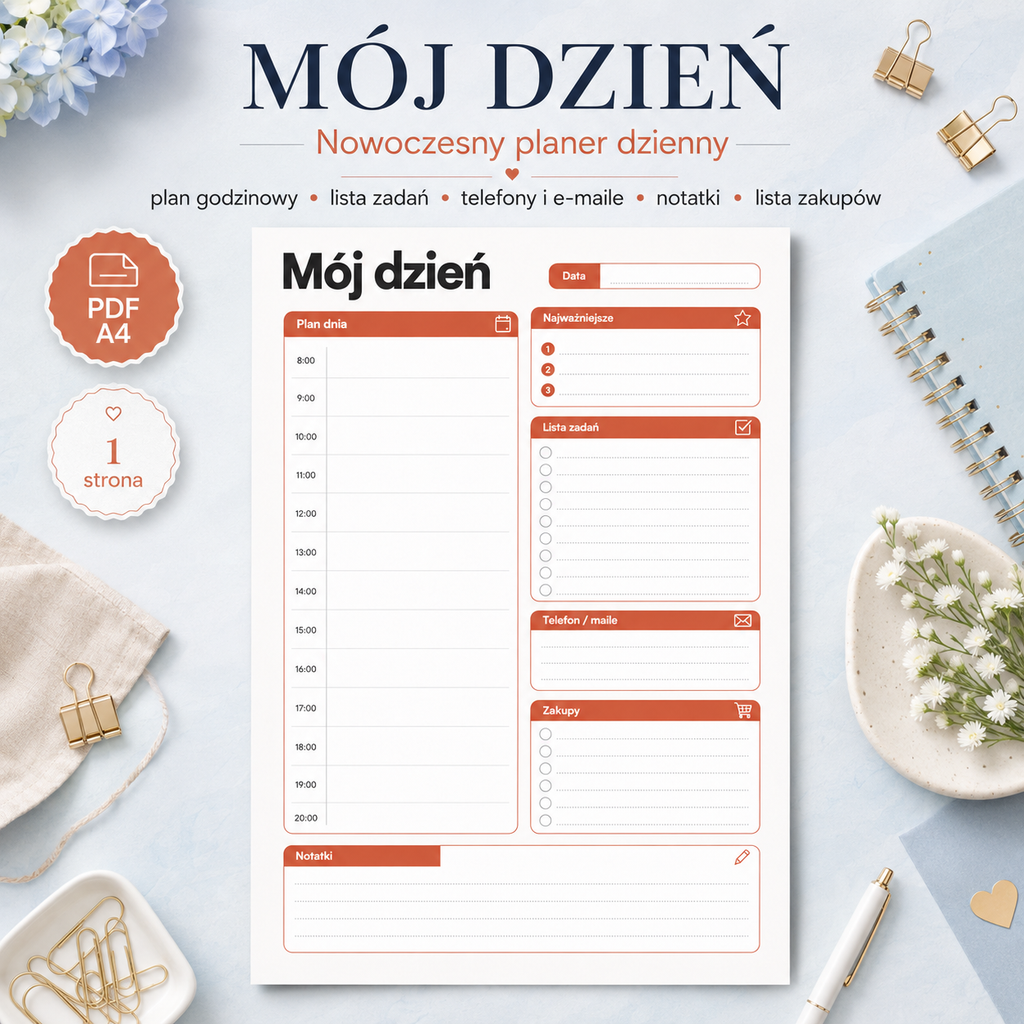 Mój Dzień – Nowoczesny Planer Dzienny PDF A4