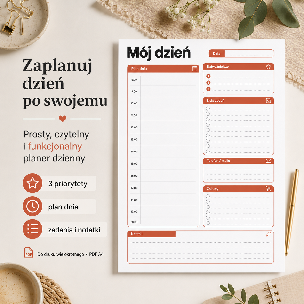 Mój Dzień – Nowoczesny Planer Dzienny PDF A4