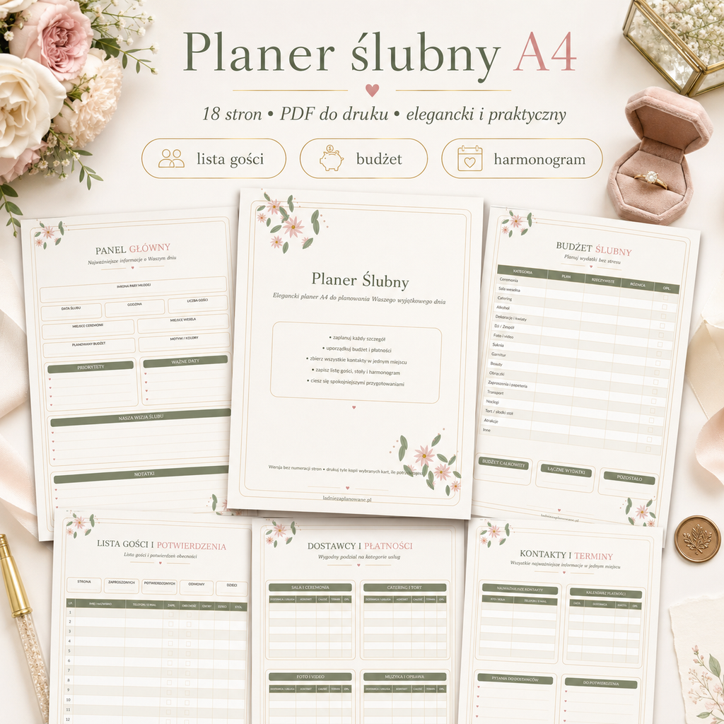 Planer Ślubny Basic A4 PDF – 18 stron do druku