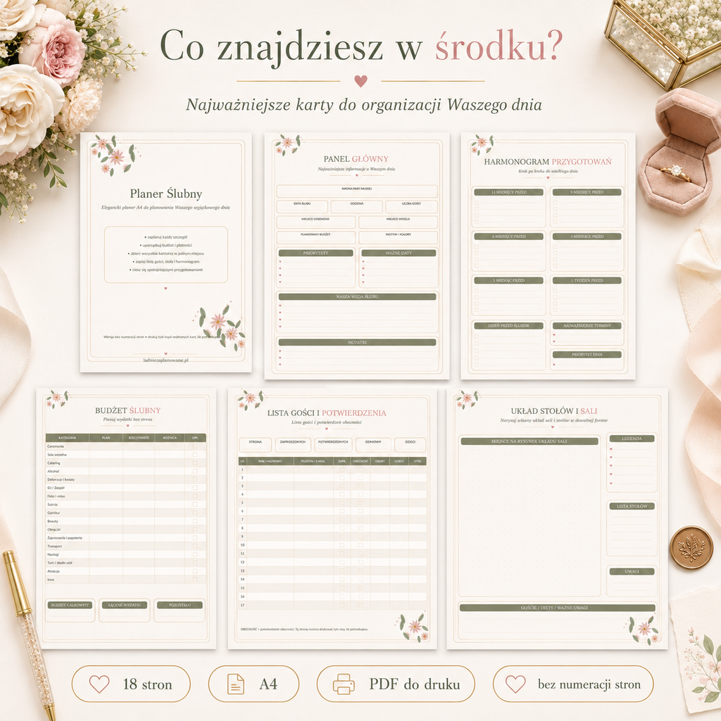 Planer Ślubny Basic A4 PDF – 18 stron do druku