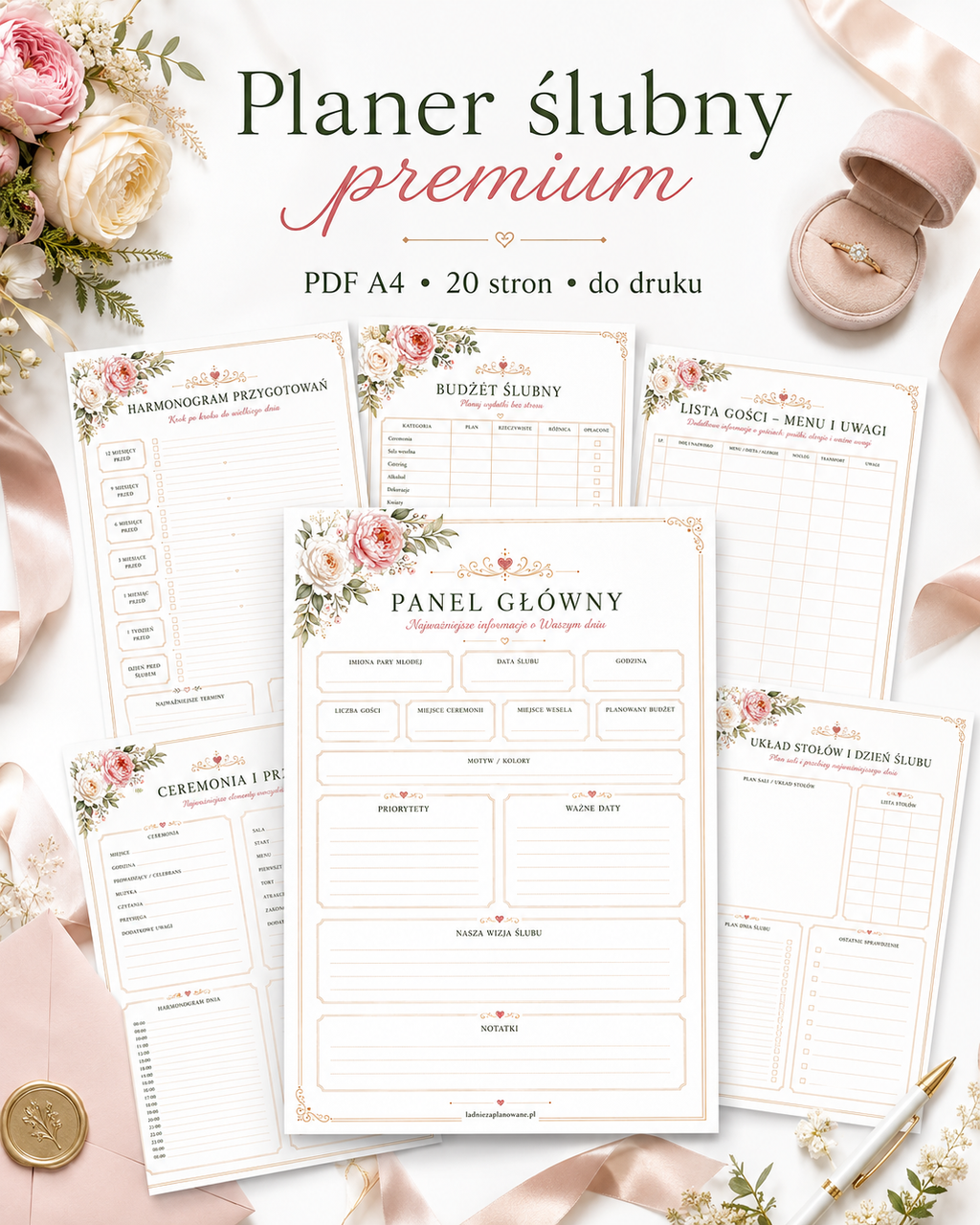 Planer Ślubny Kwiecisty Premium PDF A4 – 20 rozbudowanych kart do druku