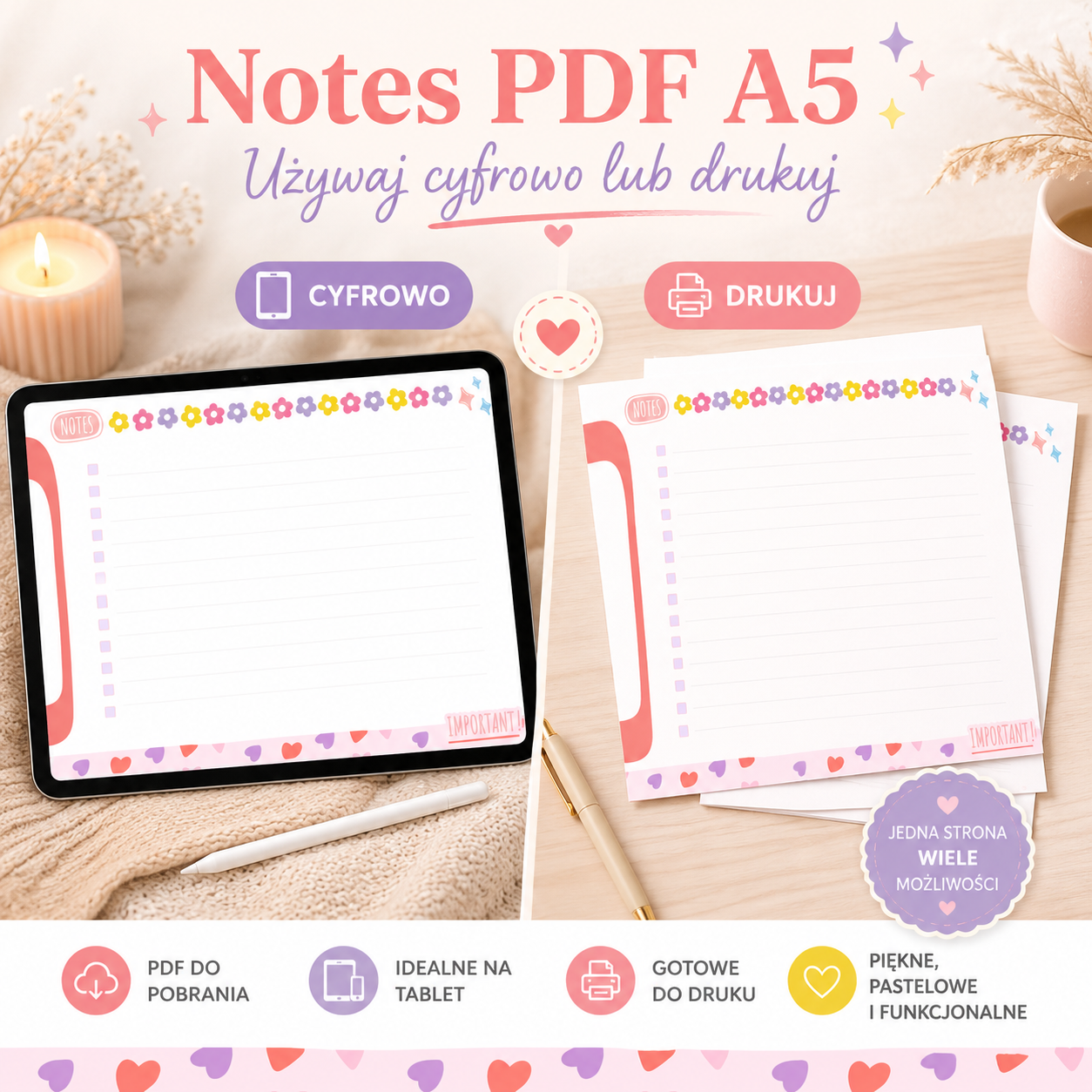 Pastelowy Notes PDF A5 – 10 stron do druku i używania cyfrowo