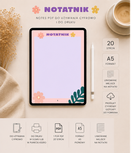Pastelowy Notatnik Kwiatowy PDF A4 – do używania cyfrowo i do druku
